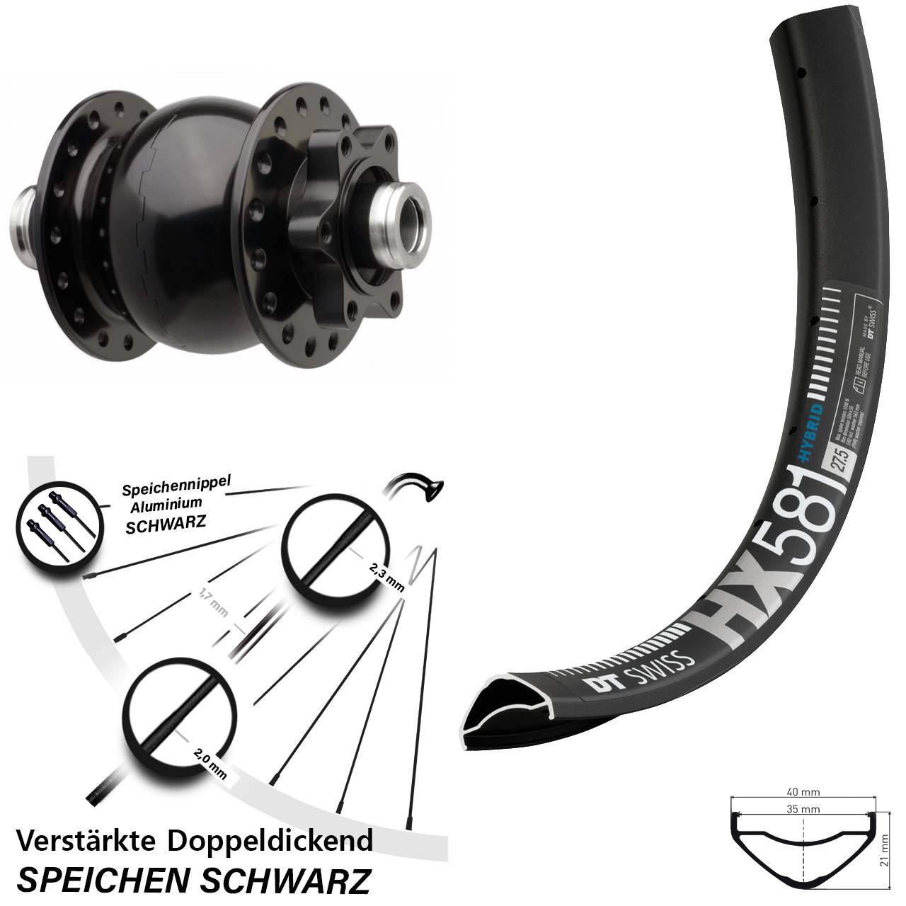 Disc Vorderrad mit Nabendynamo 27,5 Zoll DT Swiss HX581 SON 28 12x110 Boost