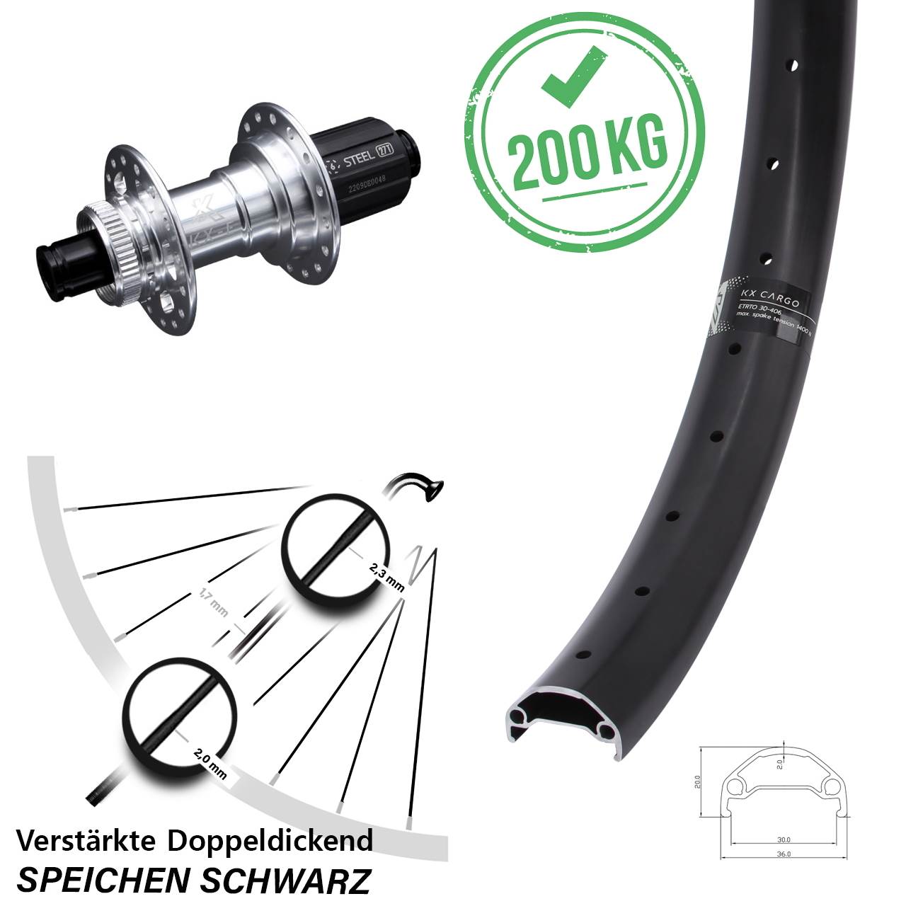 Lastenrad KX-E Cargo Hinteres Rad 26 Zoll für Centerlock 8-12 fach verstärkt 12x142 mm