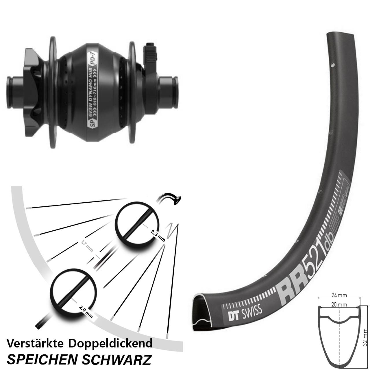 6-Loch Dynamo-Vorderrad 28 Zoll DT Swiss RR521 Shutter Precision PD-7 12x100