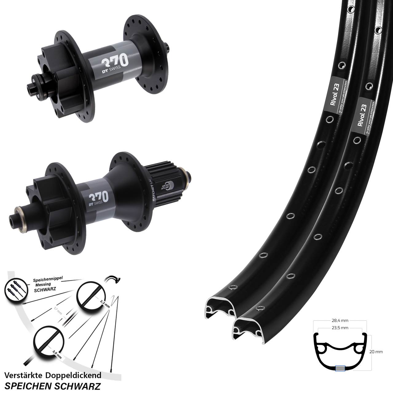 Laufrad-Satz 27,5 Zoll Ryde Rival 23 DT Swiss 370 Hybrid 6-Loch Micro Spline QR