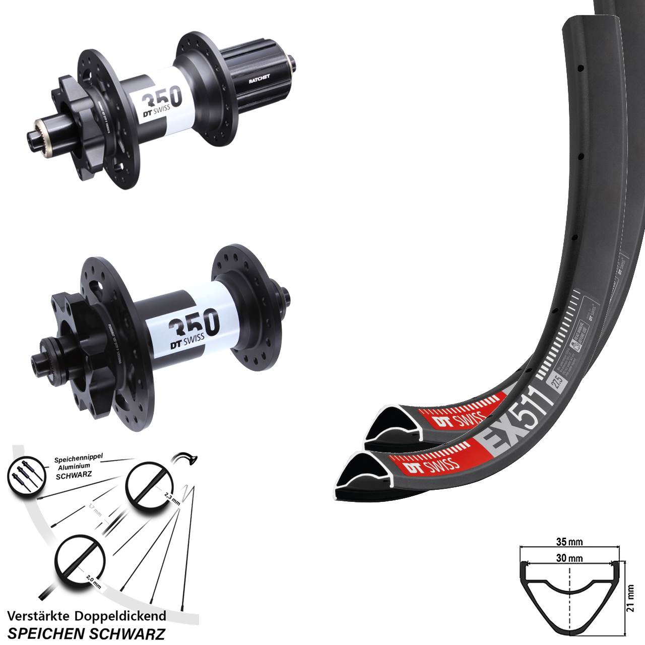 DT Swiss EX 511-350 Ratchet 36 Disc 27,5 Zoll Laufradsatz für Schnellspanner 8-11 fach HG