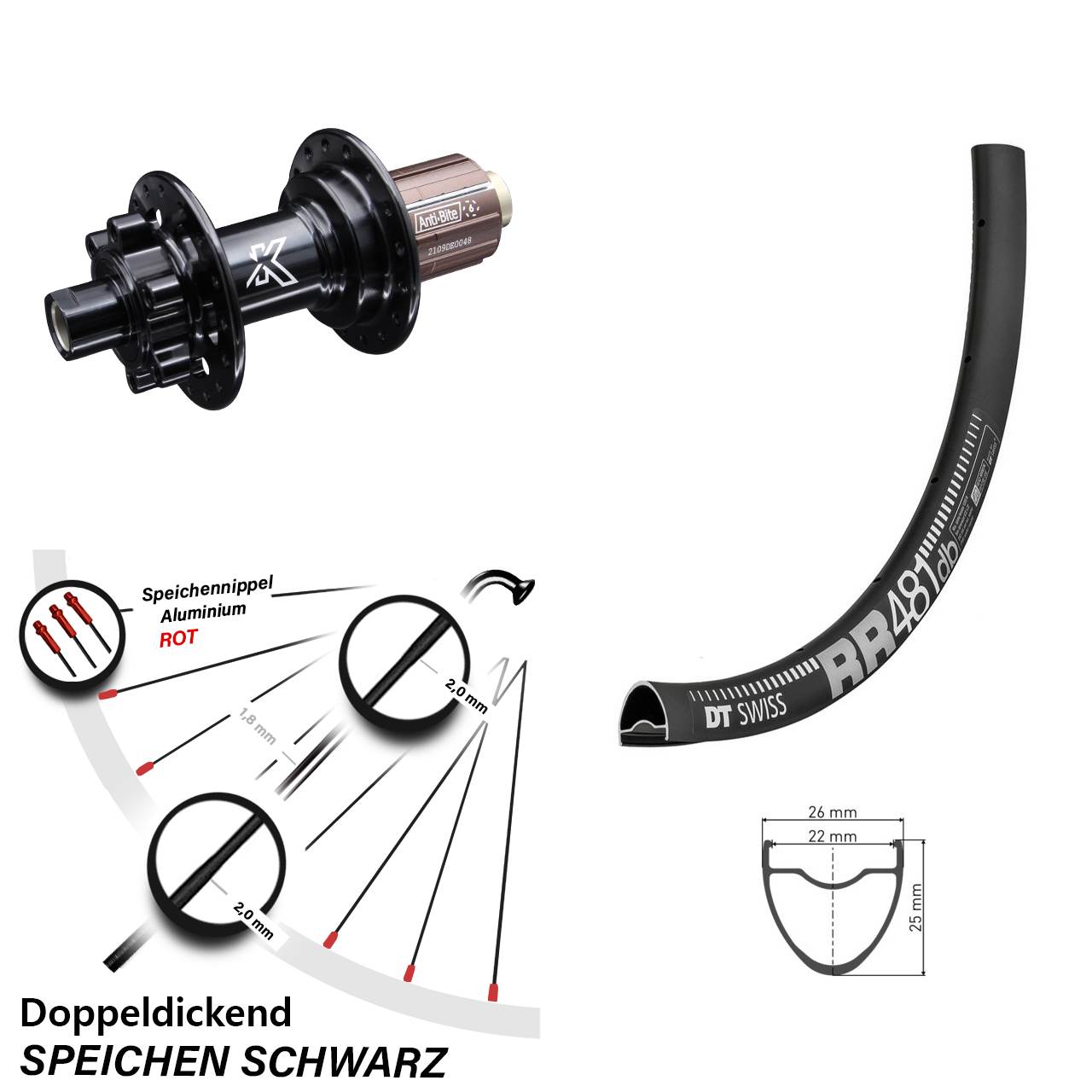 DT Swiss RR 481 DB Disc-Hinterrad 28 Zoll mit KX-M schwarz 12x142 mm 8-12 fach 6-loch