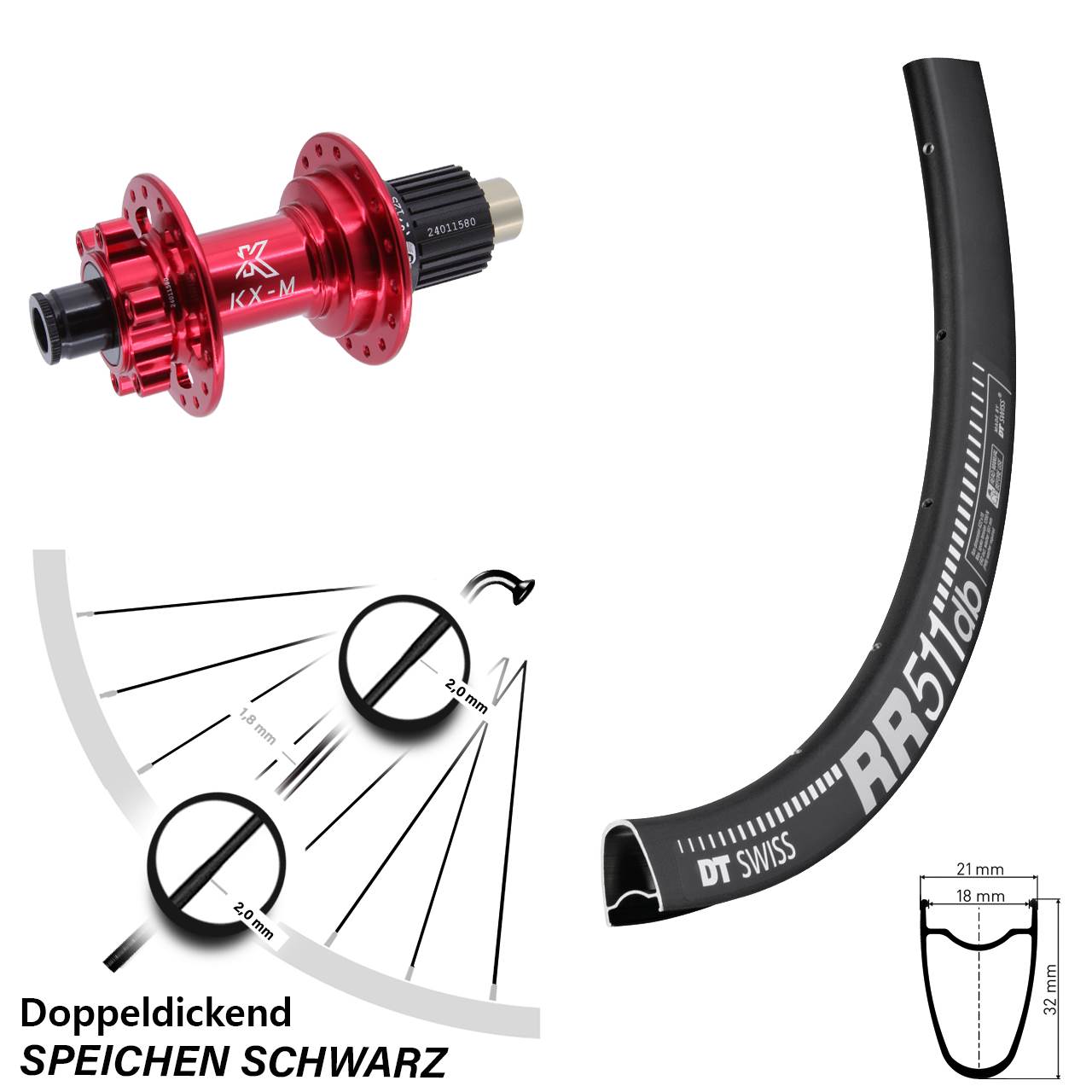 28 Zoll Hinterrad DT Swiss RR 511 KX-M rot Micro Spline 12x142