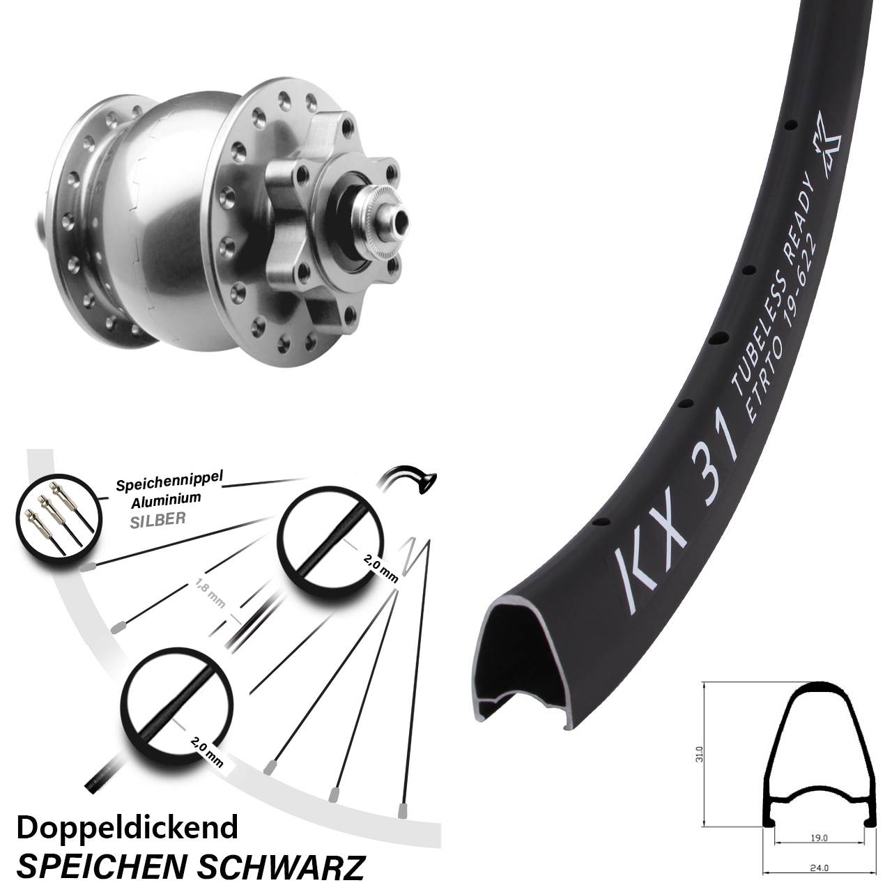 Nabendynamovorderrad 6-Loch QR 28 Zoll KX 31 SON 28 silbern