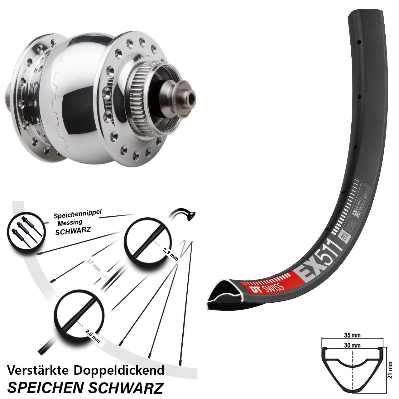 Nabendynamovorderrad Centerlock für Schnellspanner 27,5 Zoll DT Swiss EX 511 SONdelux