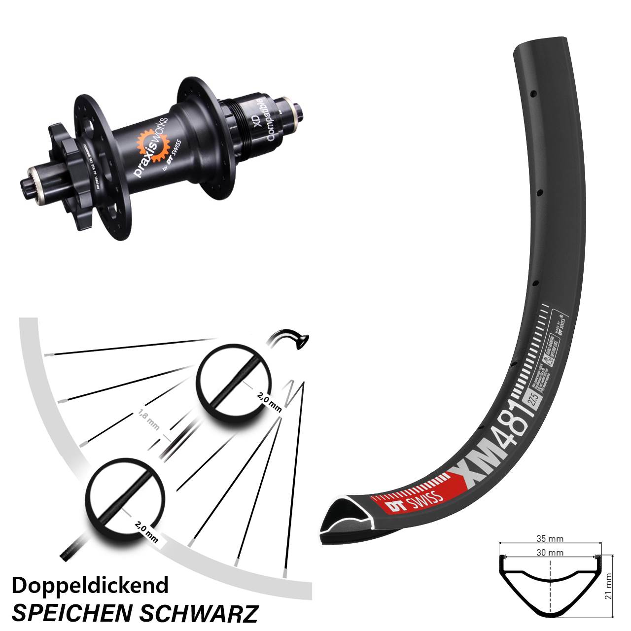 27,5 Zoll DT Swiss XM 481-350 Disc Hinterrad für Schnellspanner SRAM XD