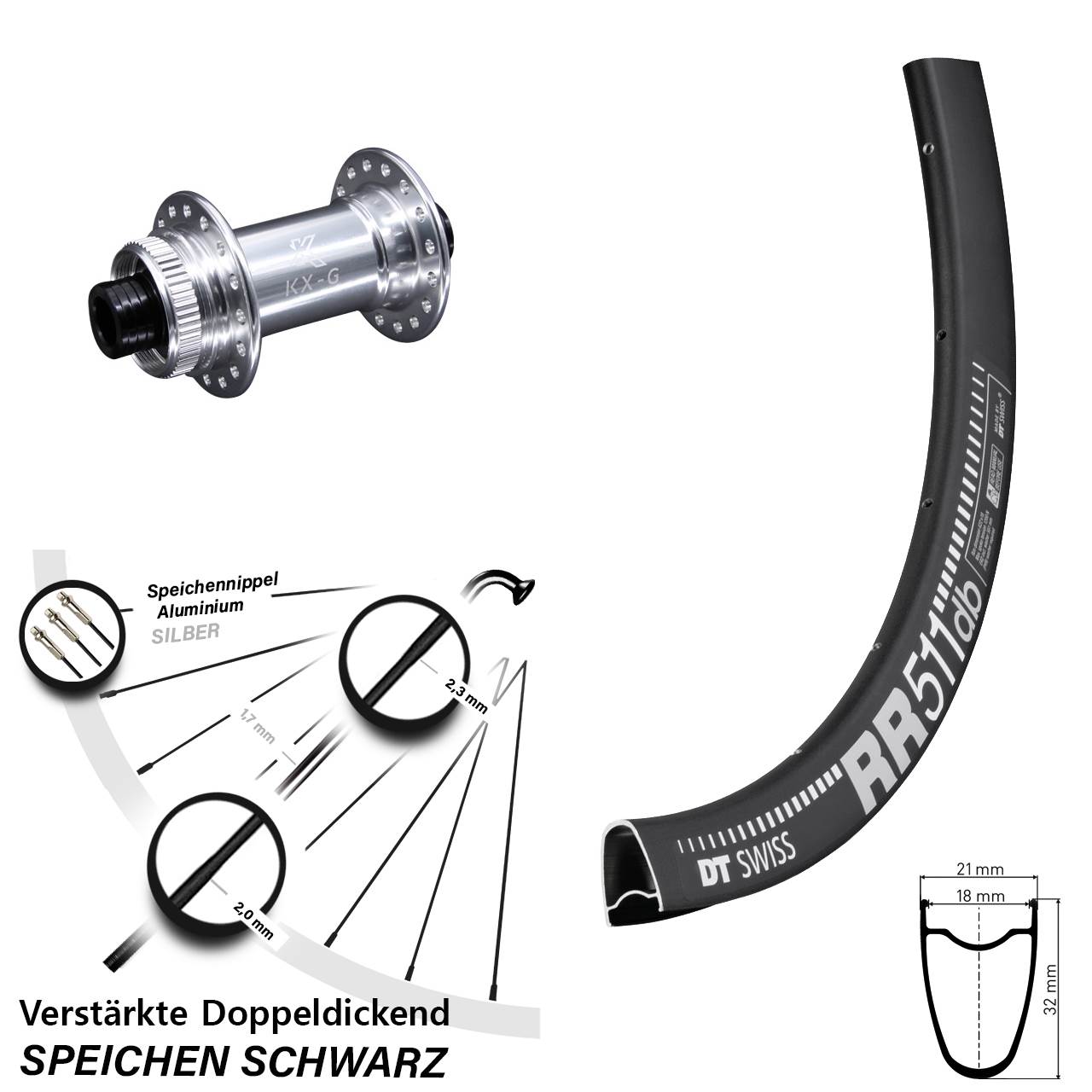 28 Zoll Vorderrad KX-G silbern 12x100 mm Road Disc DT Swiss RR 511 DB Centerlock