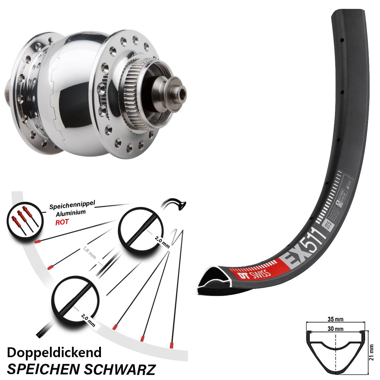 27,5 Zoll DT Swiss EX 511 SONdelux Centerlock Vorderrad mit Nabendynamo QR