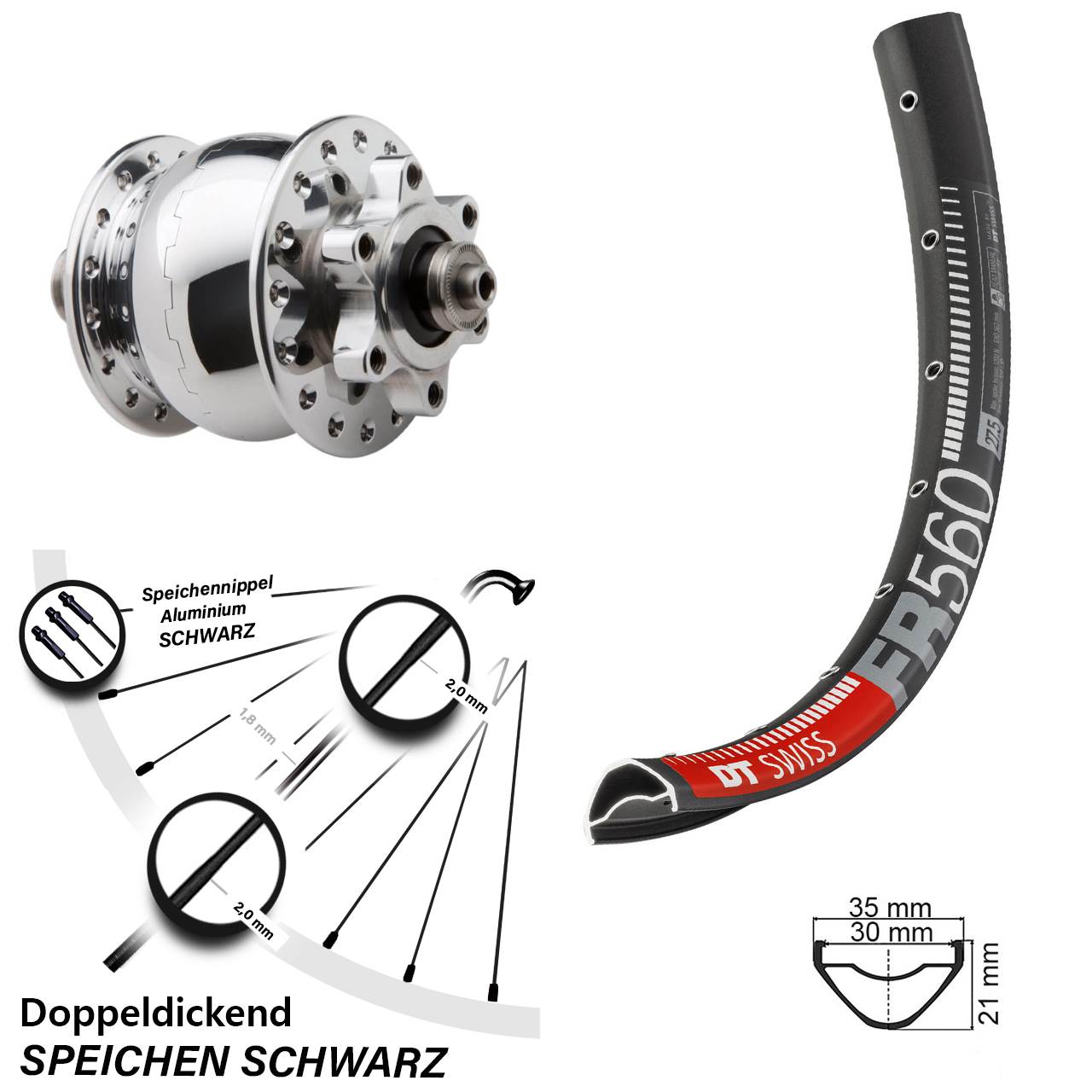 Disc Laufrad mit Nabendynamo 26 Zoll DT Swiss FR560 SON 28 poliert für Schnellspanner