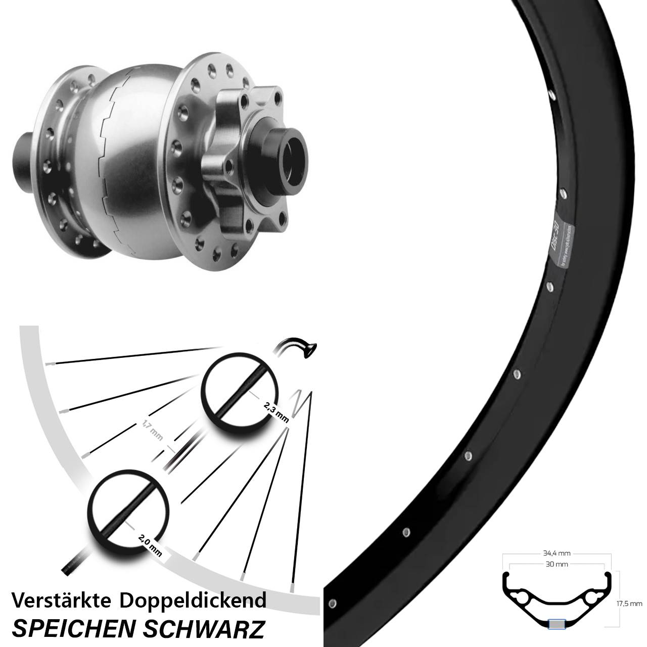 Nabendynamovorderrad 6-Loch 15x100 27,5 Zoll Ryde Disc 30 SON 28 silbern