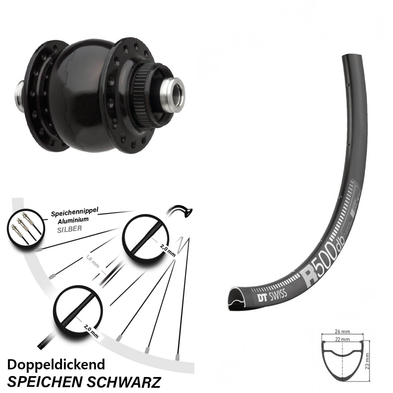 28 Zoll Nabendynamo Vorderrad DT Swiss R 500 mit Son 28-12 Centerlock