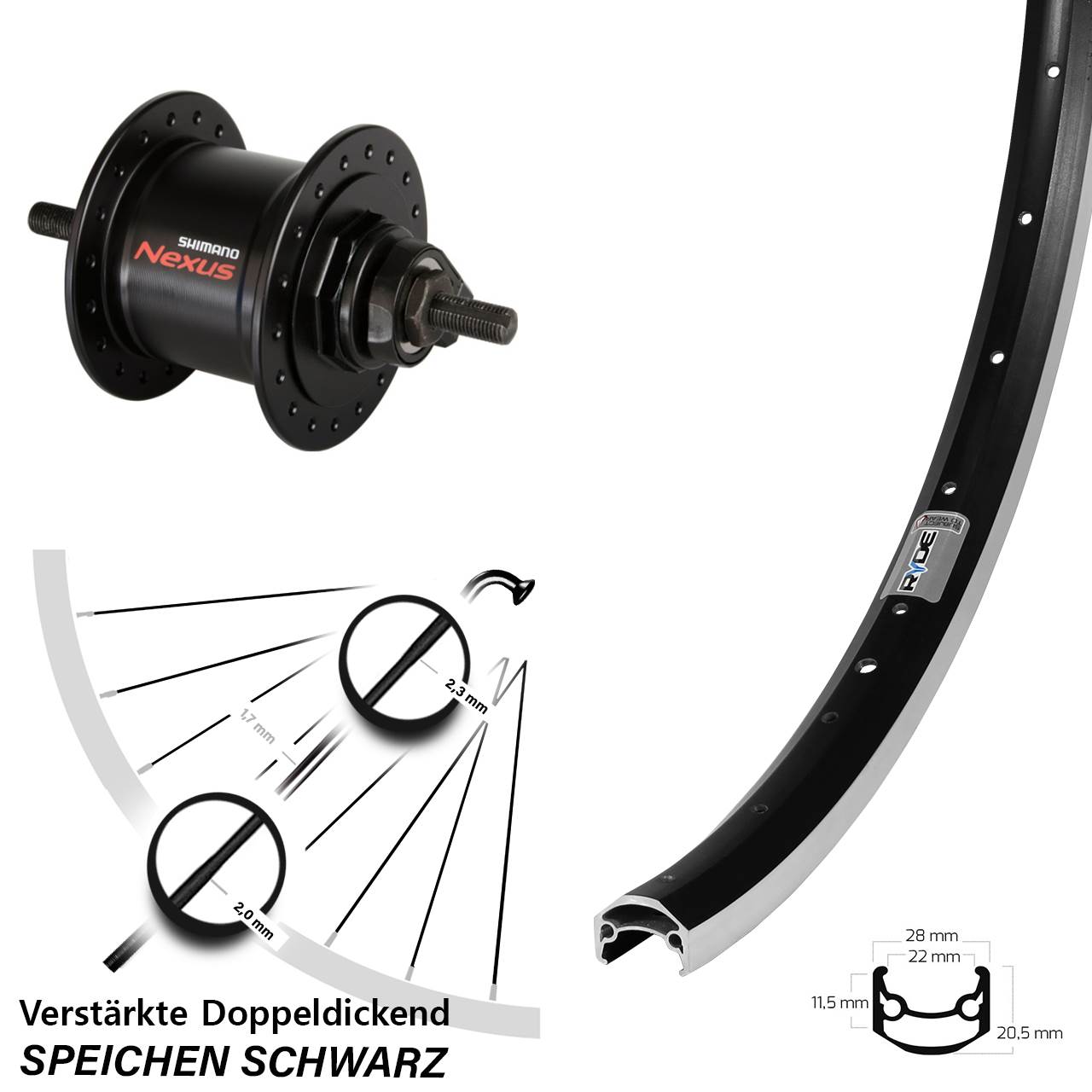 Vorderrad mit Nabendynamo Vollachse 650B Ryde Andra 35 Shimano Nexus DH-C3000-1N