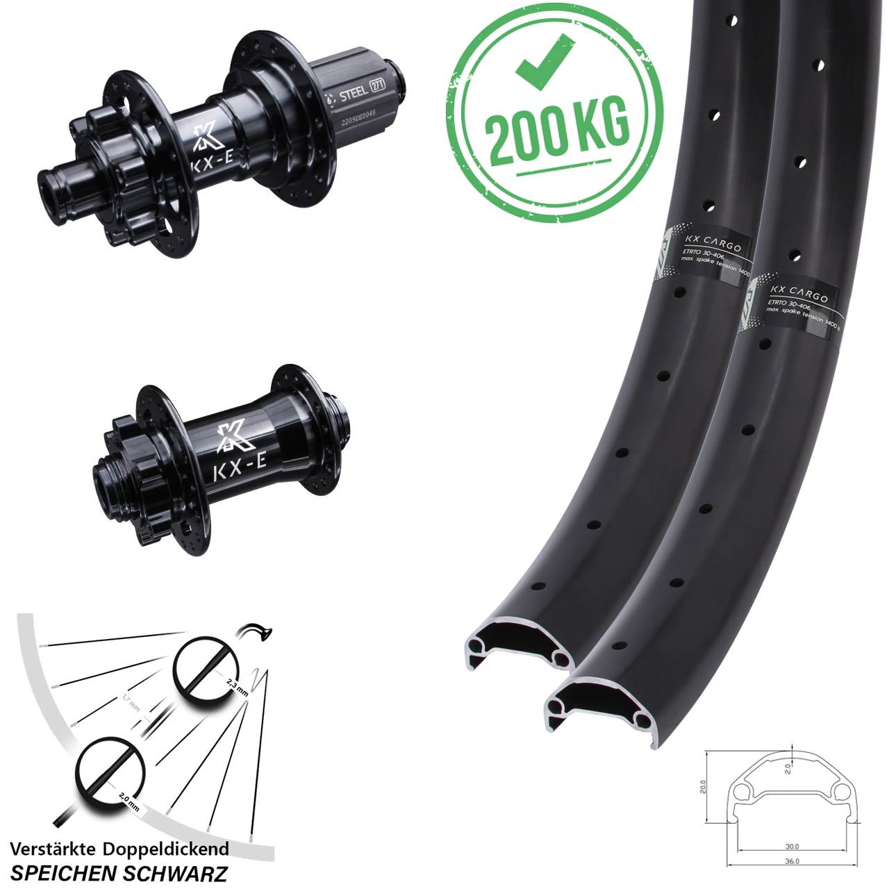 Laufradsatz 26 Zoll E-Bike KX-E Cargo 15x100 12x142 6-Loch 8-12 fach Heavy Duty