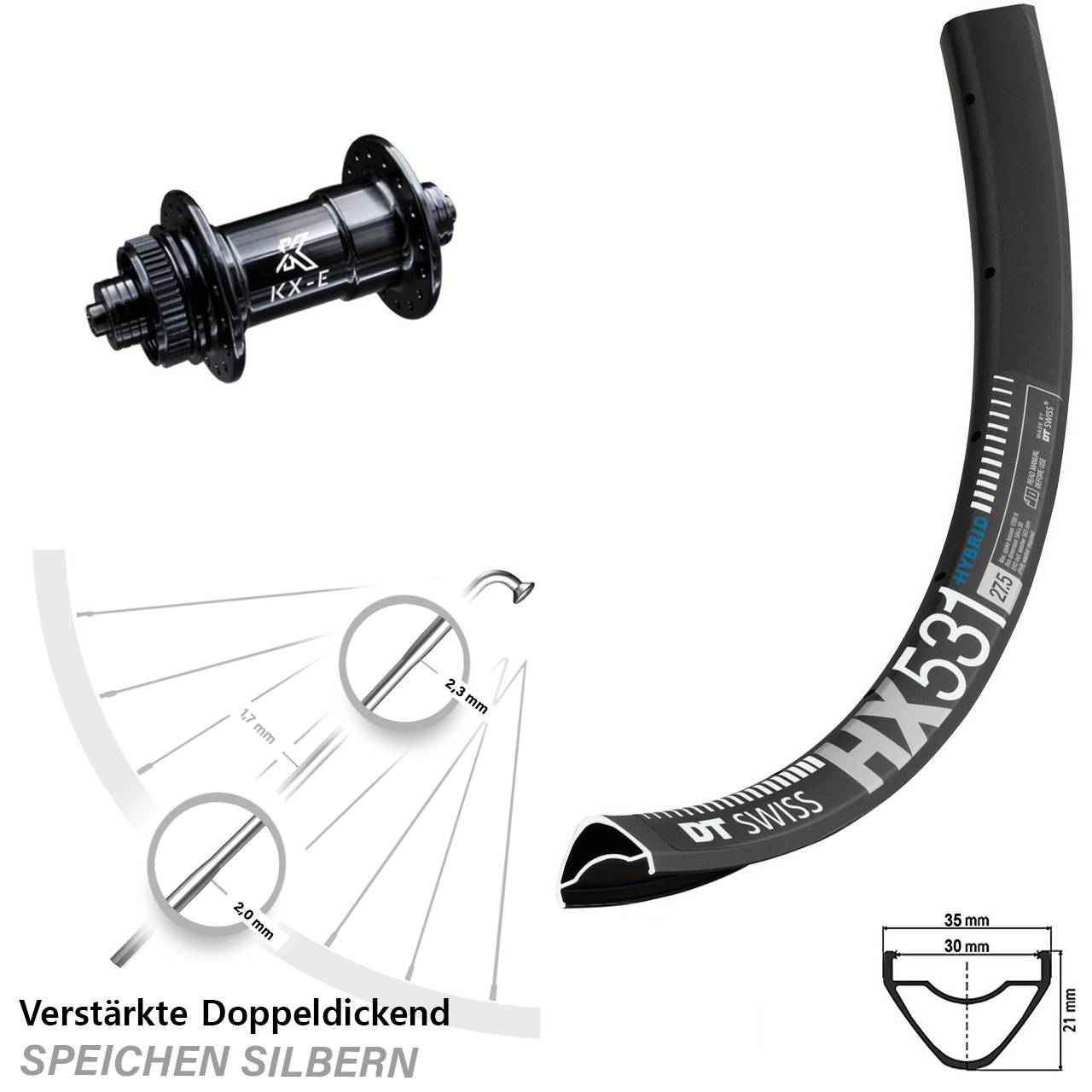 schwarzes 29 Zoll Vorderrad DT Swiss HX 531 KX-E Centerlock schwarz verstärkt 5x100 mm