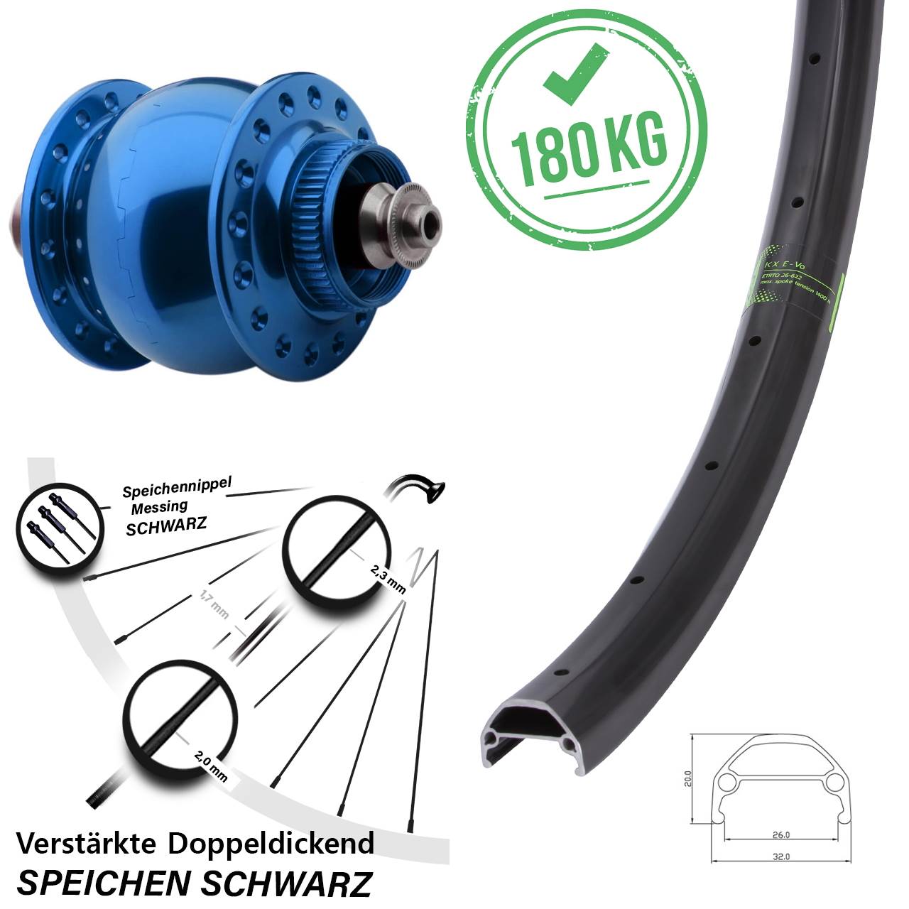 Disc Laufrad mit Nabendynamo für Schnellspanner 26 Zoll KX Evo SON 28 blau