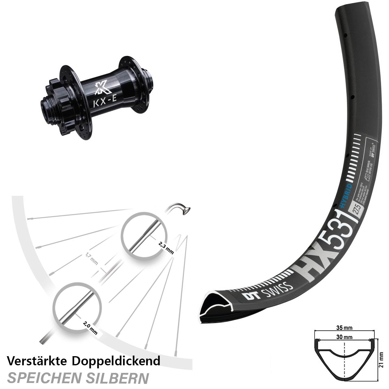 Vorderrad DT Swiss HX 531 Steckachse KX-E 15x100 mm 6-Loch verstärkt 29 Zoll E-Bike
