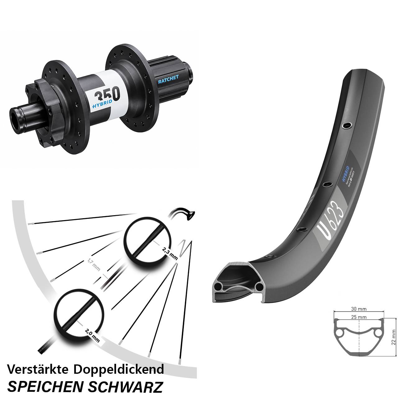 E-Bike U 623 DT Swiss 350 Hybrid Boost 12x148 mm 11-fach 29 Zoll Hinterrad 6-Loch