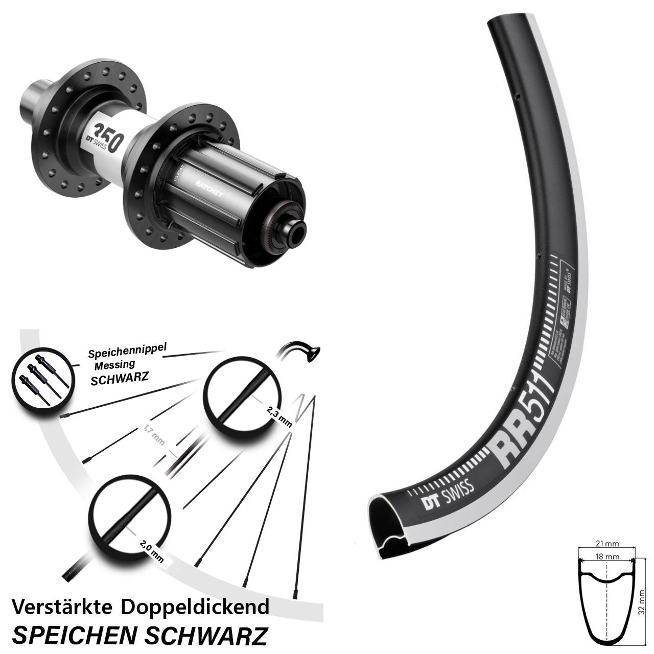 28 Zoll DT Swiss RR511 CNC-350 Rennrad Hinterrad QR 11-12 fach