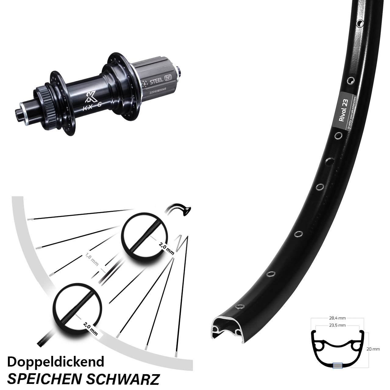 Hinterrad 27,5 Zoll Ryde Rival 23 KX-GS Heavy Duty 5x135 Centerlock 8-12 fach HG