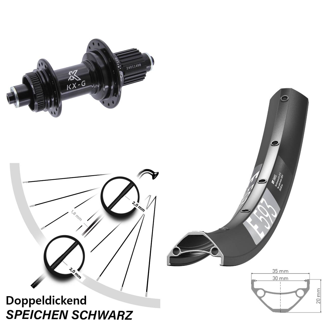 Hinterrad Centerlock für Schnellspanner 29 Zoll DT Swiss E593 KX-G Micro Spline