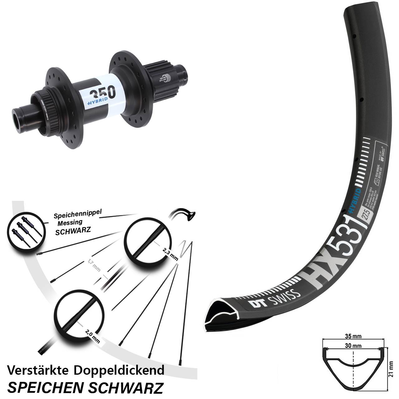 DT Swiss HX531-350 Hybrid 29 Zoll Centerlock Hinterrad 12x148 Boost Shimano Micro Spline