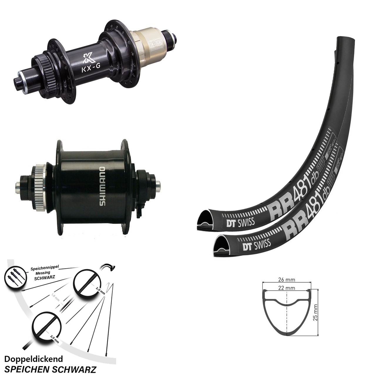28 Zoll Laufradsatz Road Dynamo DT Swiss RR 481 Nabe KX-G Sram XD-R Shimano DH-UR 705-3D