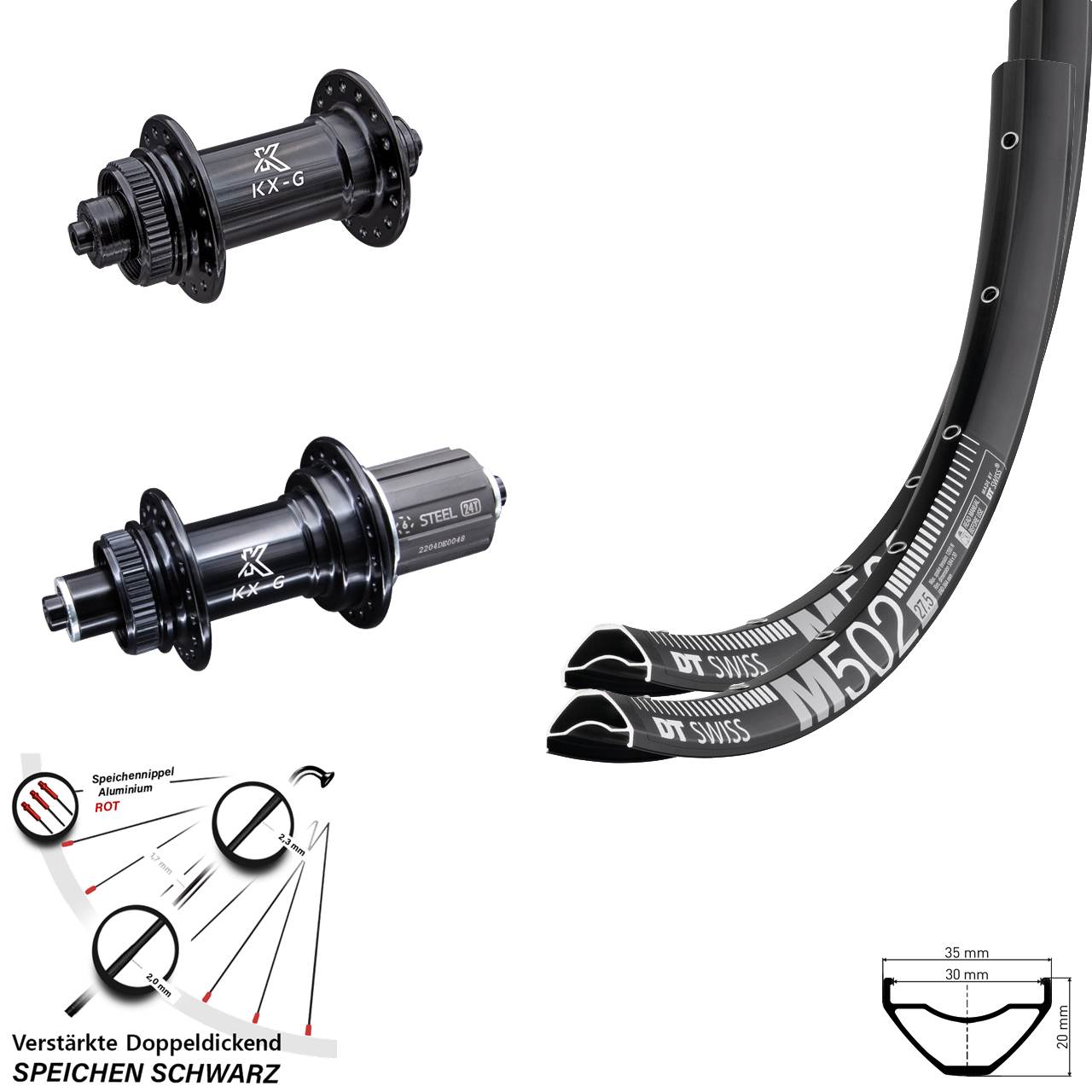 Disc Laufradsatz 29 Zoll DT Swiss M502 KX-GS verstärkt 8-12 fach für Schnellspanner