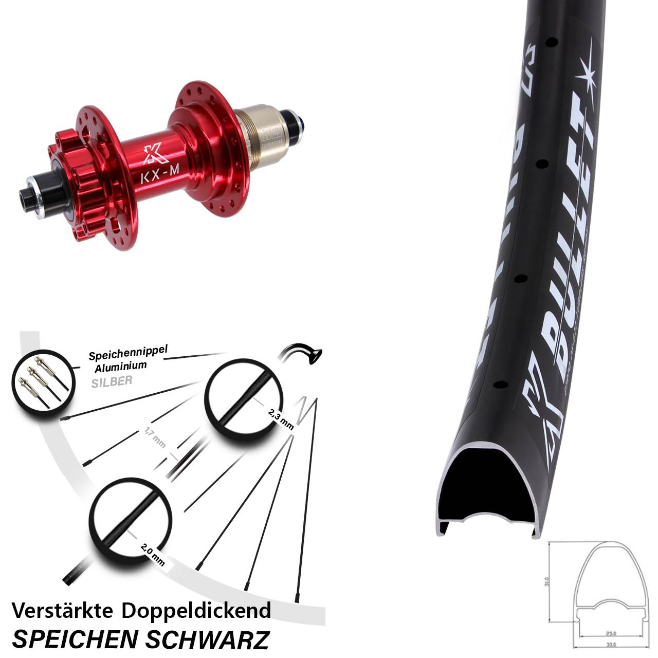 KX-M Bullet rot 29 Zoll 6-Loch Hinterrad für Schnellspanner SRAM XD