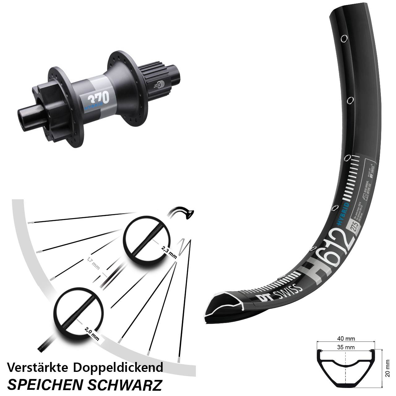 breites E-Bike Hinterrad 27,5 Zoll H 612 DT Swiss 370 Hybrid Boost 12x148 mm Micro Spline