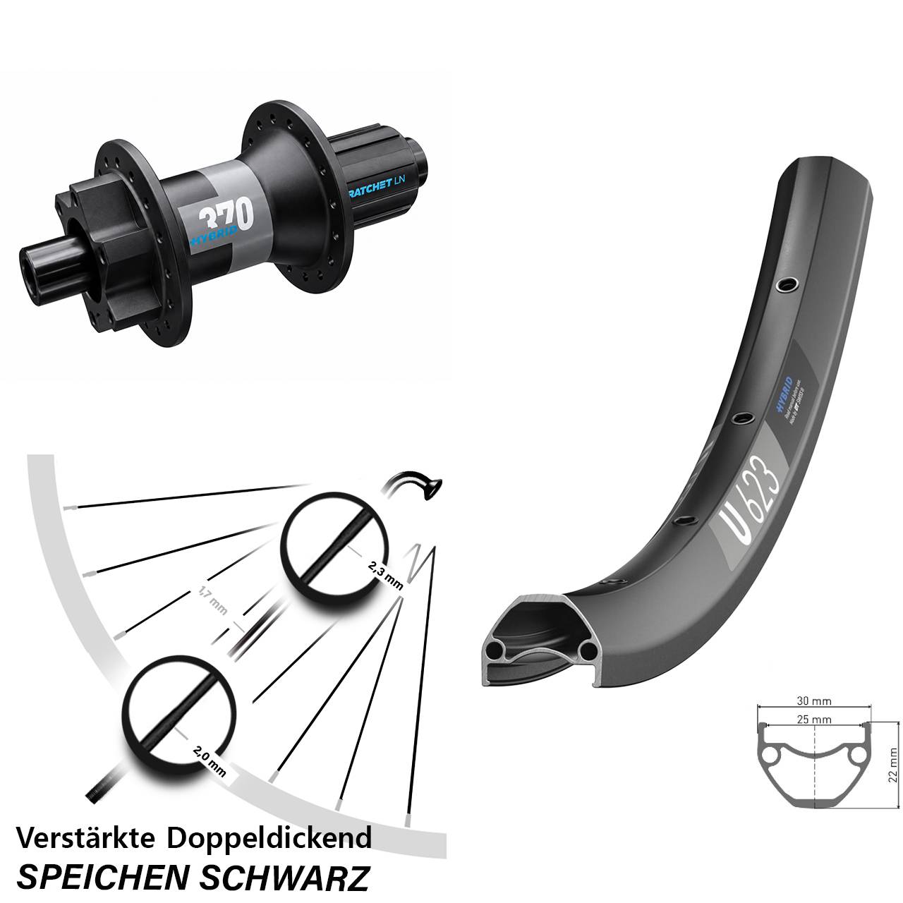 E-Bike U 623 DT Swiss 370 Hybrid Boost 12x148 mm 11-fach 29 Zoll Hinterrad 6-Loch