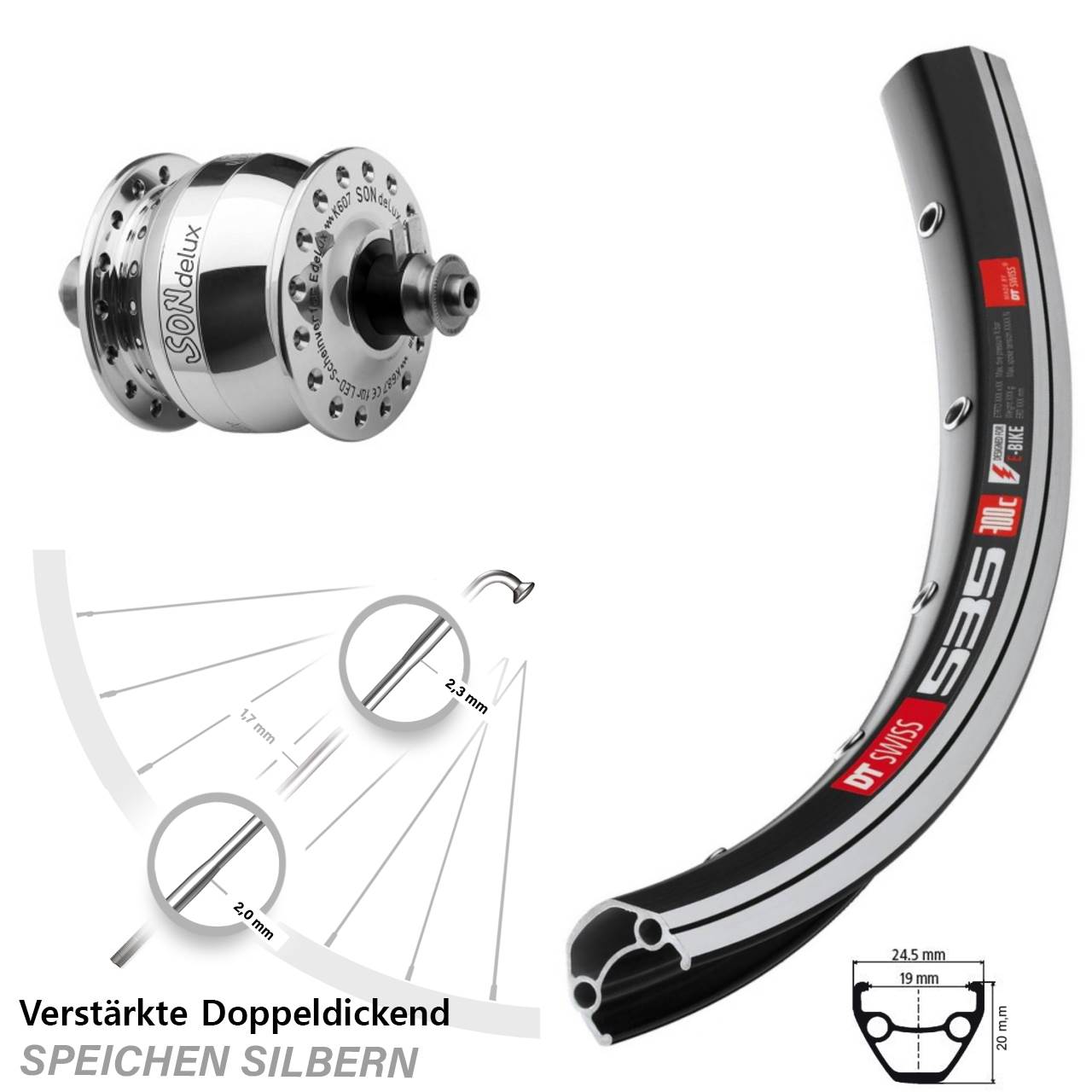 Vorderrad 28 Zoll DT Swiss 535 schwarz SON delux Felgenbremse silbern poliert