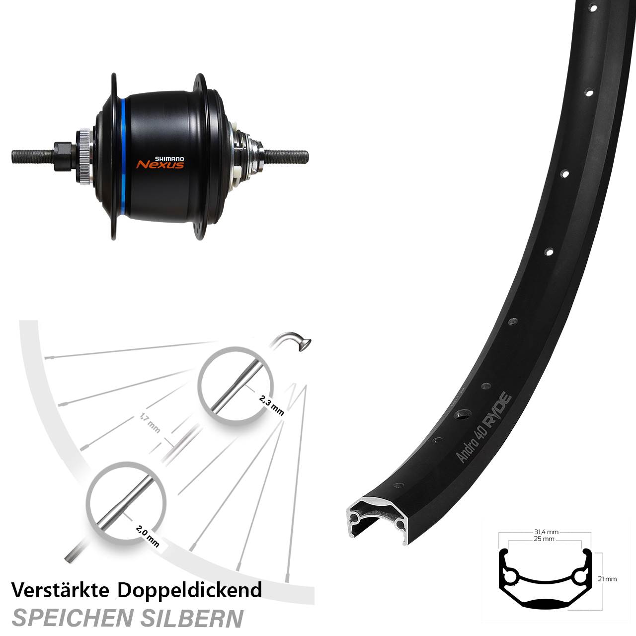 Hinterrad 26 Zoll Ryde Andra 40 Disc Shimano Nexus SG-C6060-8D Di2 8 Gang