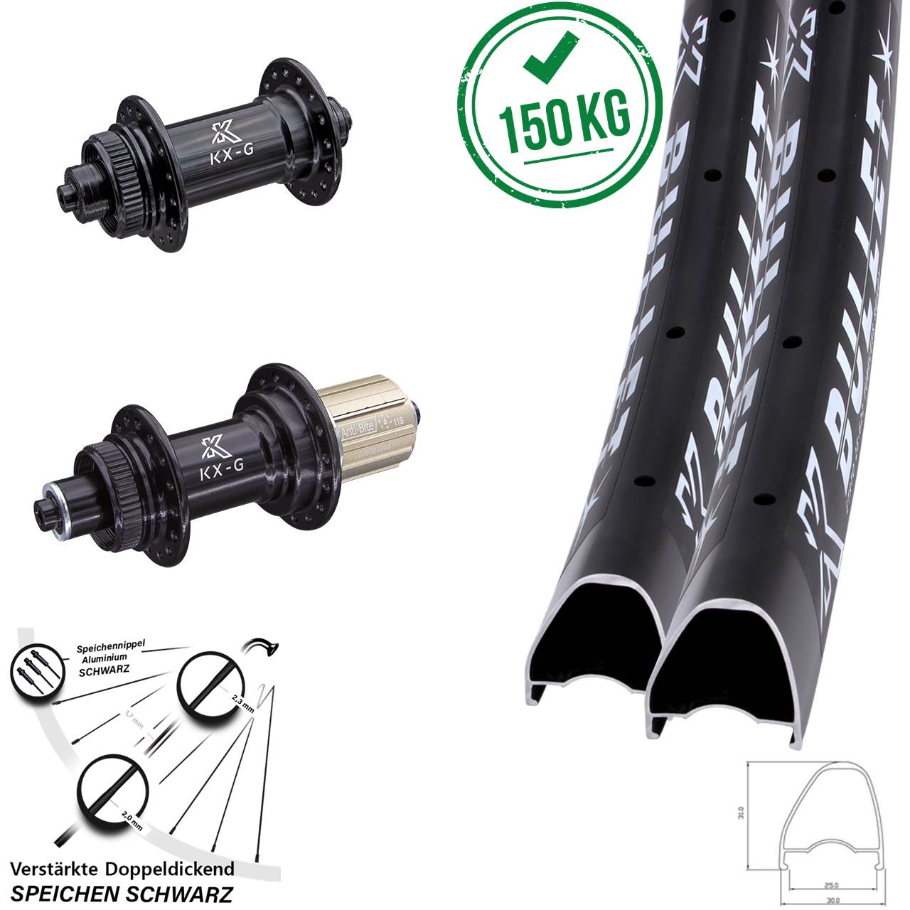 Centerlock Laufradsatz für Schnellspanner 28-29 Zoll KX-G Bullet OS 8-12 fach