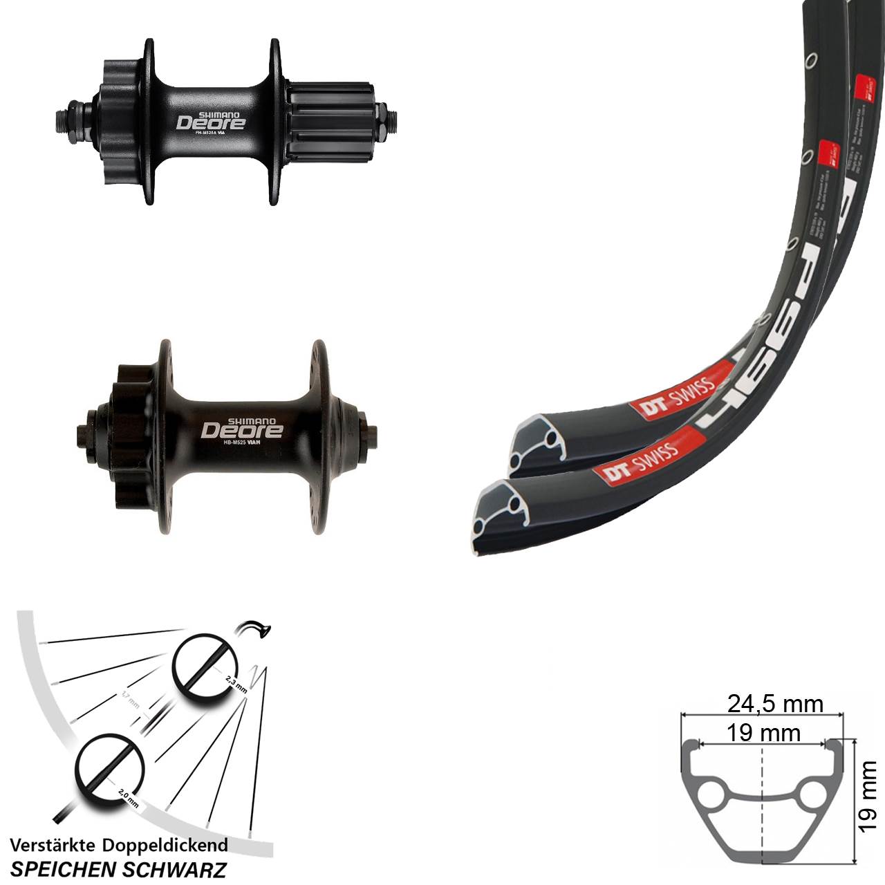 6-Loch Laufradsatz 28 Zoll DT Swiss 466 Shimano Deore HB-M525 FH-M525 8-11 fach QR