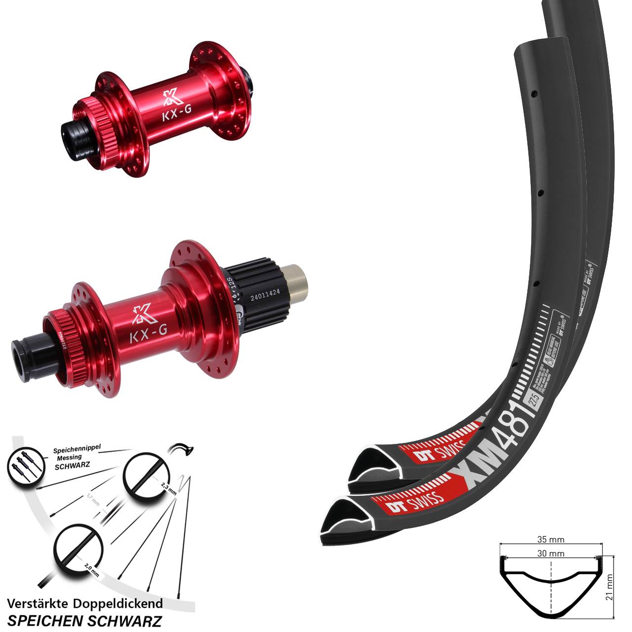Laufradsatz Centerlock 12x100/142 27,5 Zoll DT Swiss XM481 KX-G rot Micro Spline