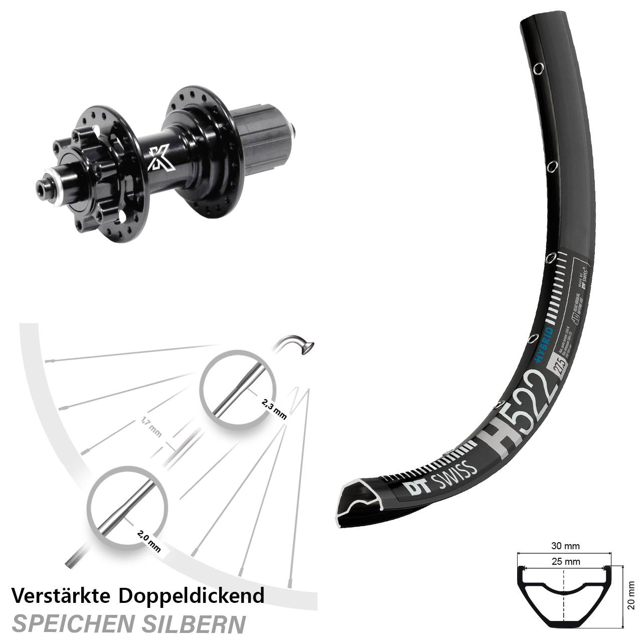 29 Zoll DT Swiss H 522 KX-M Heavy Duty Disc Hinterrad QR 8-12 fach HG