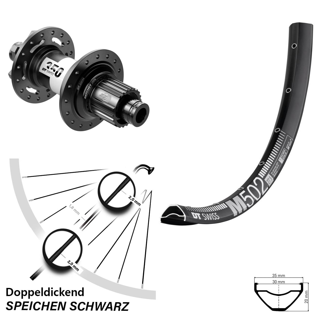 Disc Laufrad 27,5 Zoll DT Swiss M502-350 DEG 72 Shimano Micro Spline 12x148