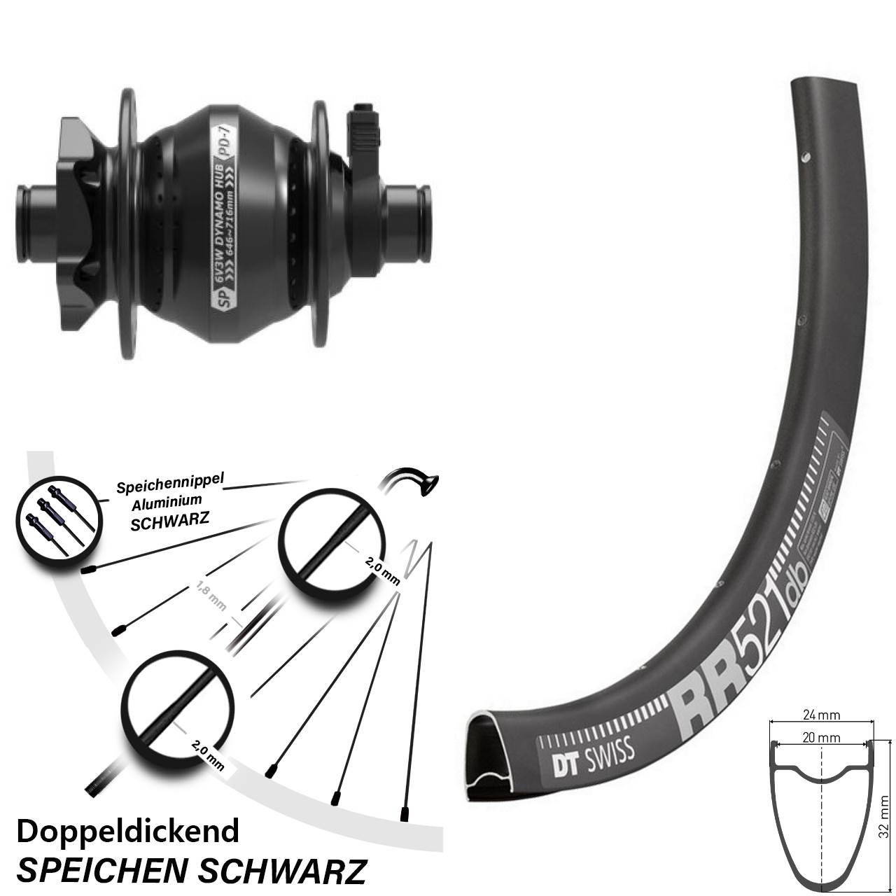 DT Swiss RR 521 Shutter PD-7 28 Zoll Disc Laufrad mit Nabendynamo 12x100