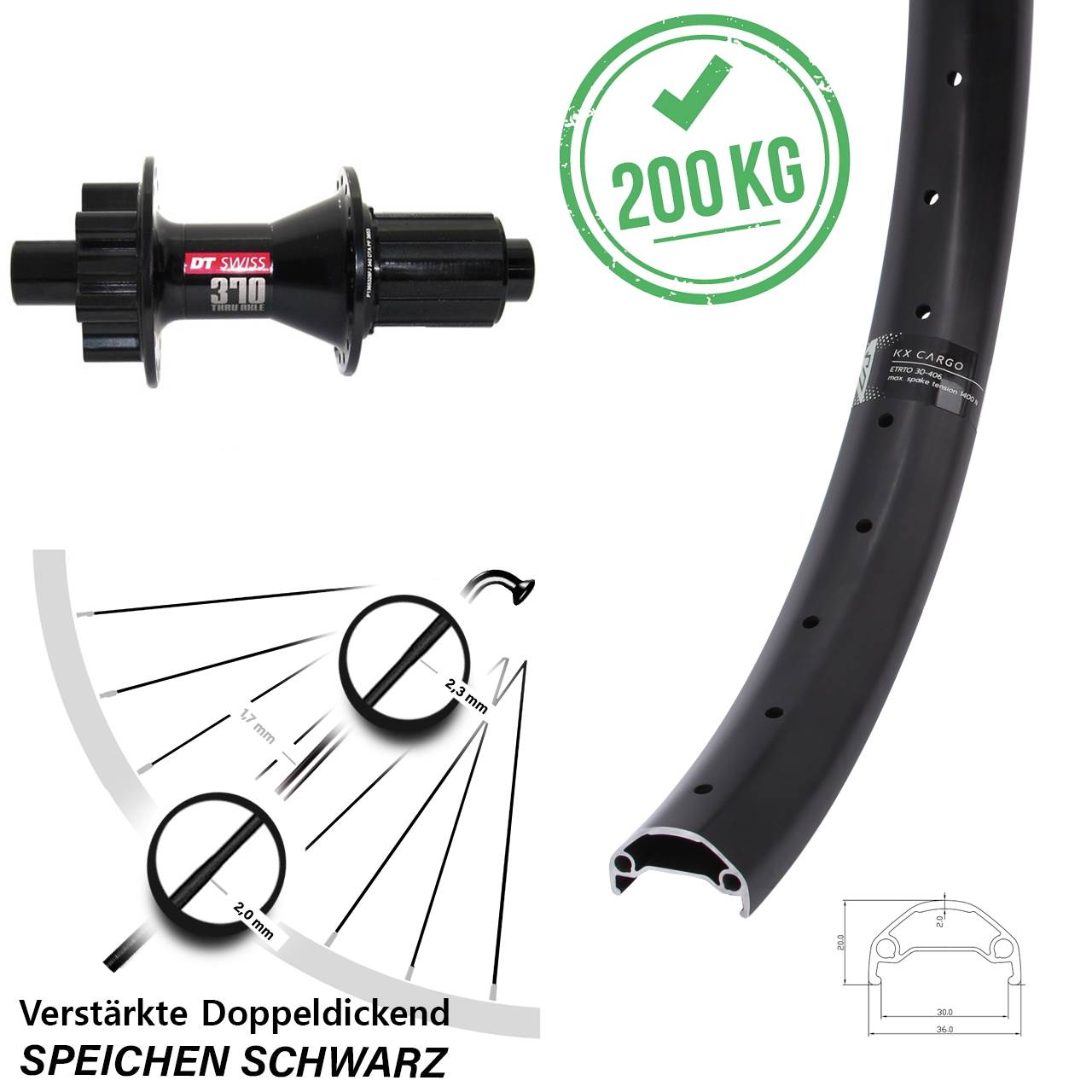 KX Cargo DT Swiss 370 20 Zoll Hinterrad 6-Loch 12x142 8-11 fach