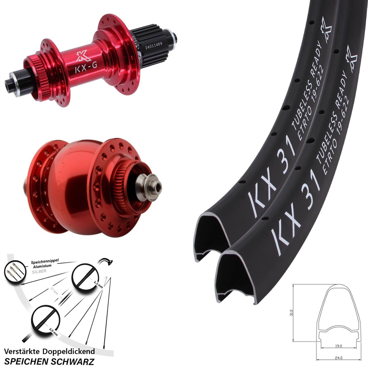 KX-G 31 rot SON 28 Zoll rot Disc Laufrad-Satz QR Shimano Micro Spline