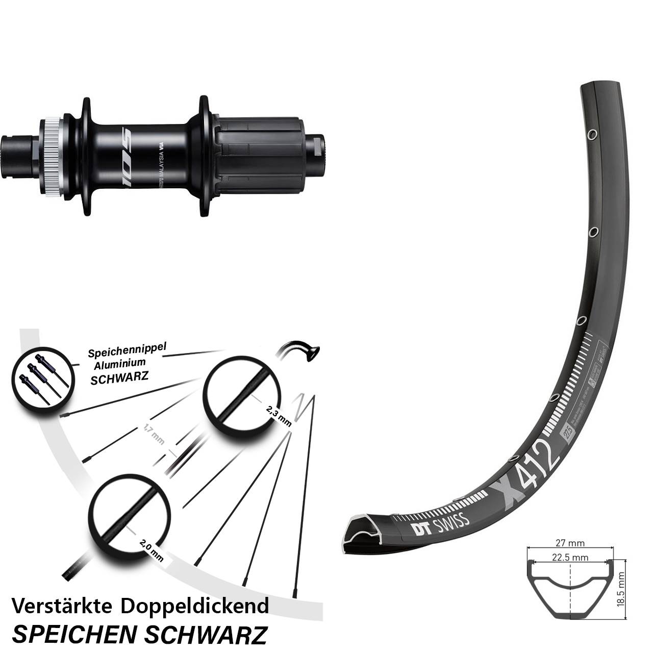 Centerlock Hinterrad 28 Zoll DT Swiss X412 Shimano 105 FH-R7070 8-12 fach 12x142