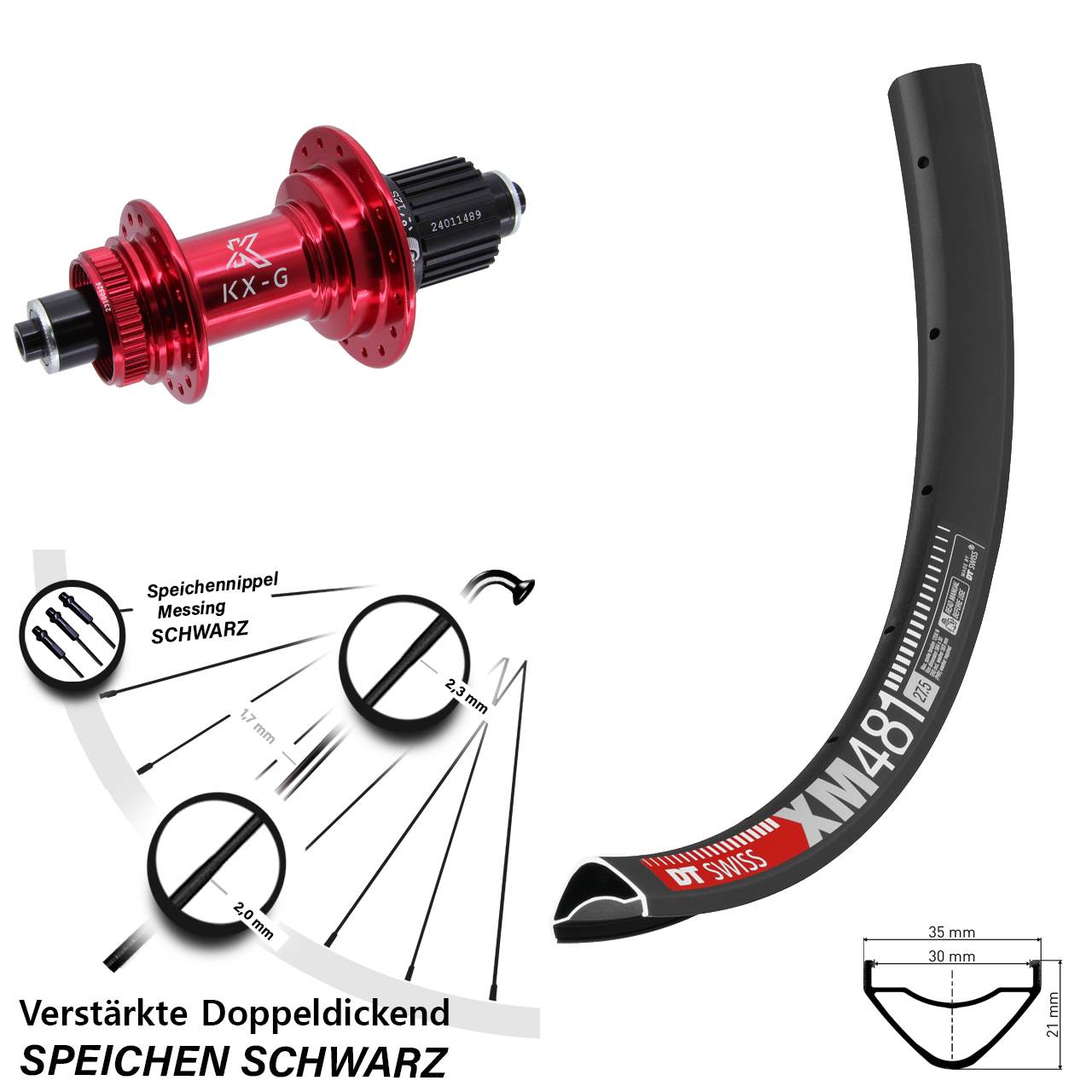 DT Swiss XM481 KX-G rot 27,5 Zoll Disc Hinterrad für Schnellspanner Shimano Micro Spline