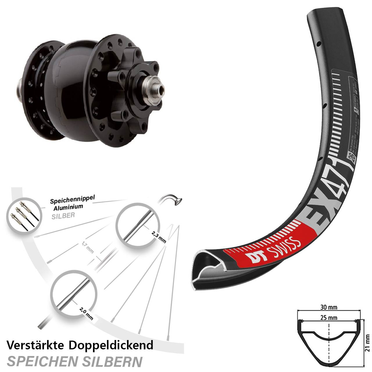 6-Loch Dynamo-Vorderrad 27,5 Zoll DT Swiss EX 471 SON 28 für Schnellspanner
