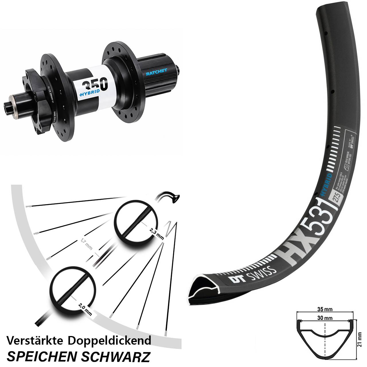 Hinterrad 29 Zoll DT Swiss HX531-350 Hybrid 8-11 fach für Schnellsp.