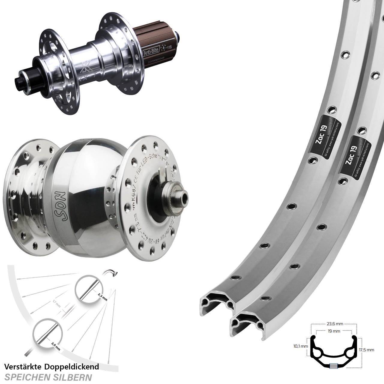 26 Zoll Ryde Zac 19 KX-T SON delux wide body Laufrad-Satz für Schnellspanner 8-12 fach