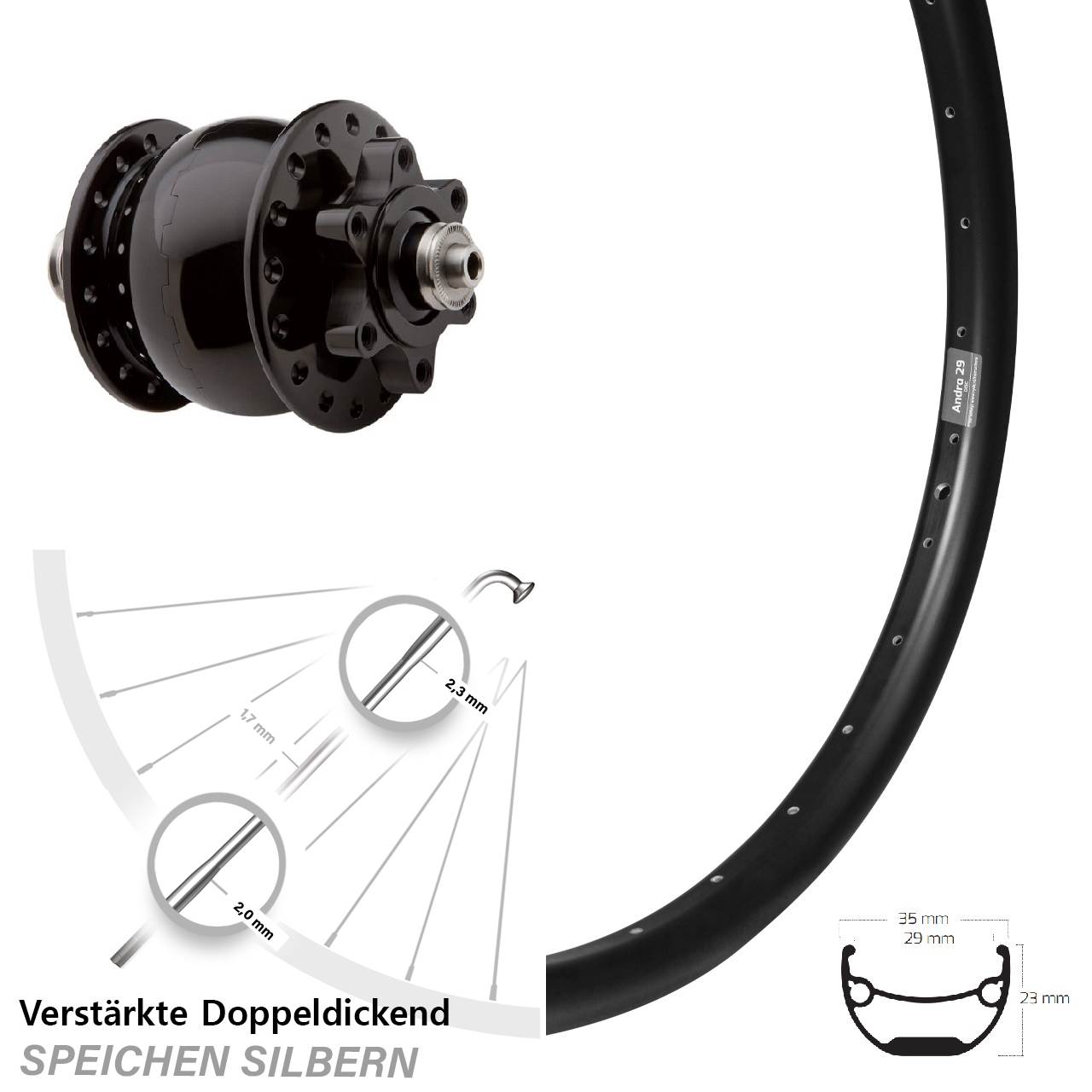 SON 28 Ryde Andra 29 Zoll Vorderrad mit Nabendynamo 6-Loch für Schnellspanner