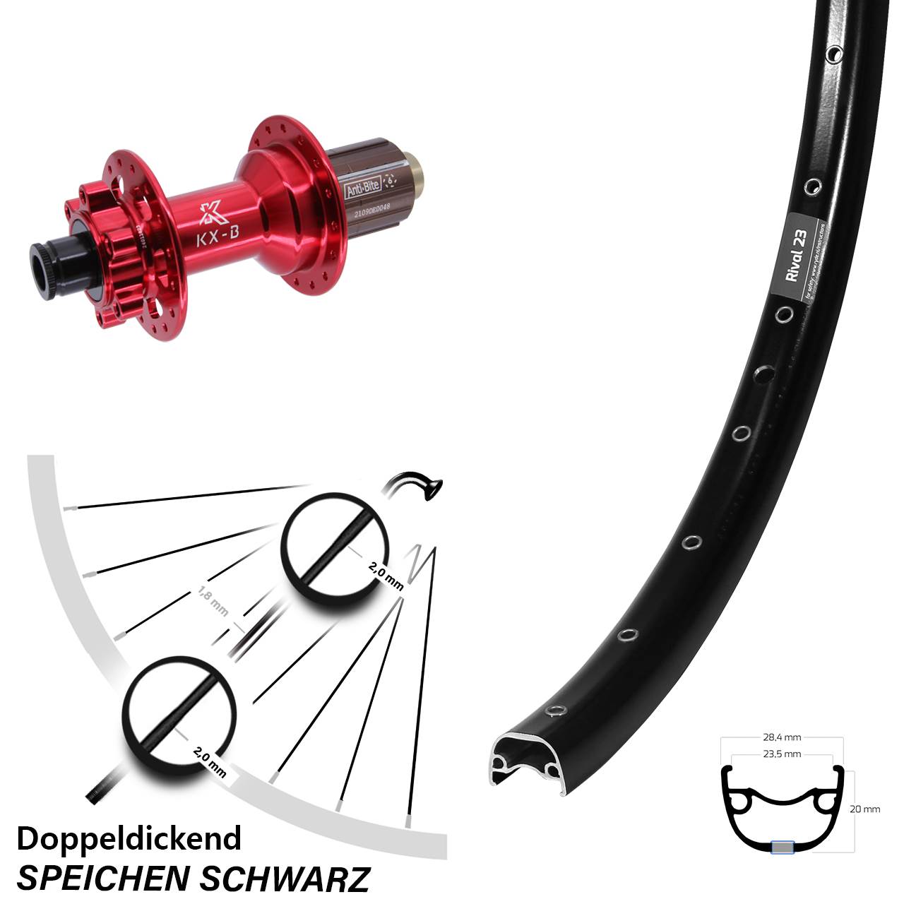 Disc Hinterrad 12x148 650B Ryde Rival 23 KX-B rot 8-12 fach