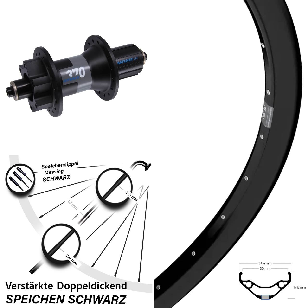 Hinterrad 29 Zoll Ryde Disc 30 DT Swiss 370 Hybrid 8-11 fach für Schnellspanner Boost