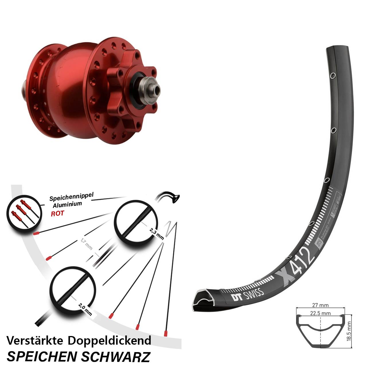 DT Swiss X 412 SON 28 rot 29 Zoll Dynamo-Vorderrad 6-Loch QR