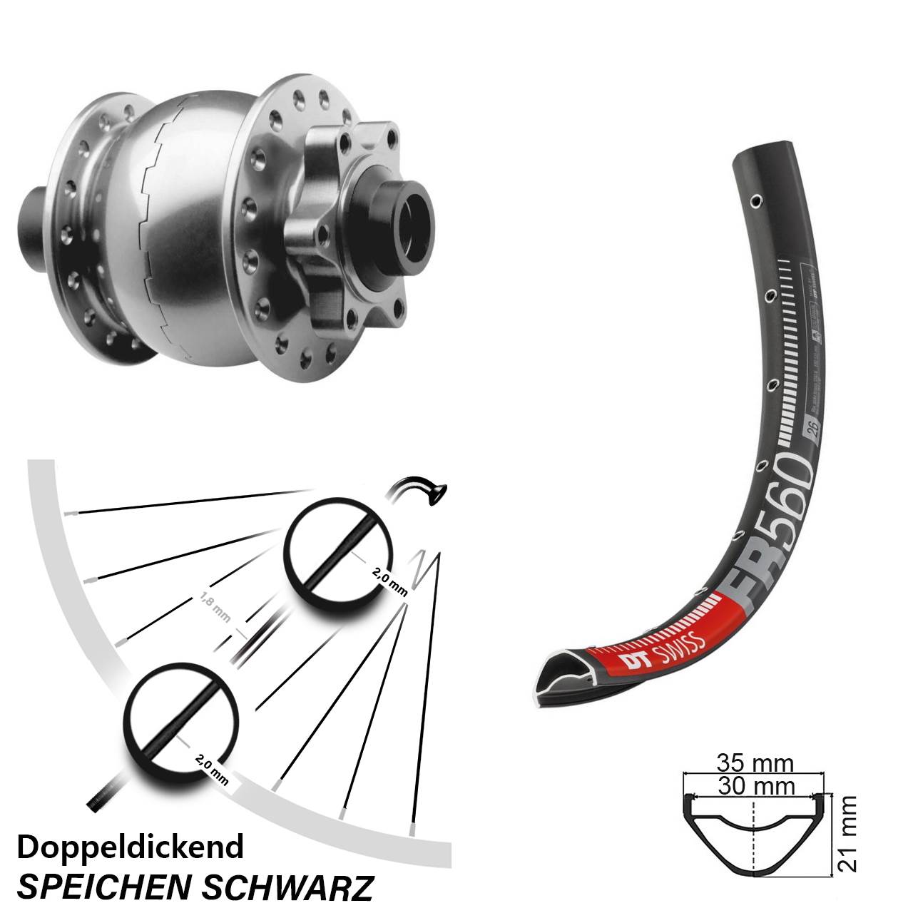 26 Zoll DT Swiss FR560 SON 28 Disc Nabendynamolaufrad 15x100